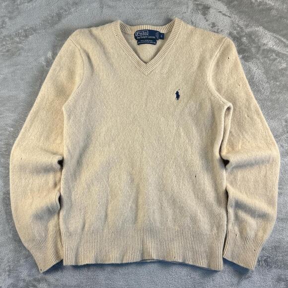 Polo Ralph Lauren Sweaters - Vintage Polo Ralph Lauren Cream 100% Lambswool V-neck Pullover Sweater
